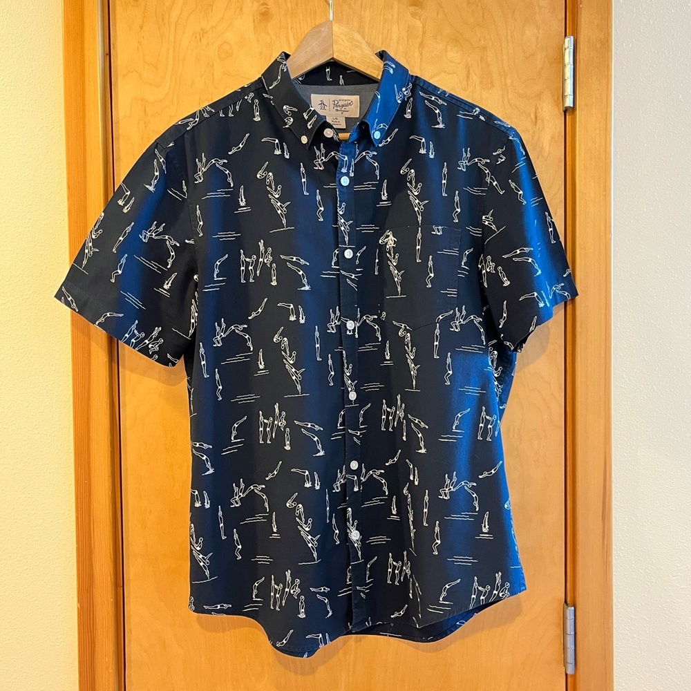 🌊 Original Penguin Diver Print Short Sleeve Button-Up – Size L